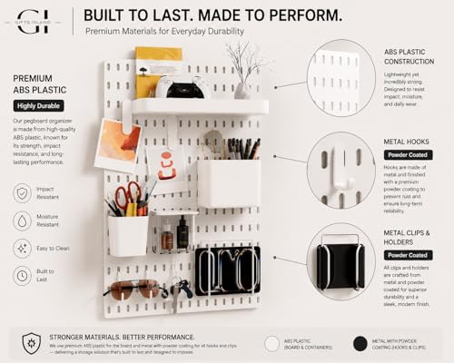Image of Gifts Island Pegboard Wall Organiser Set with 1 Boards, 10 Accessories & Self-Adhesive Stickers, Customisable Storage System for Office, Kitchen, Pegboard Wall Hanging (10, White)