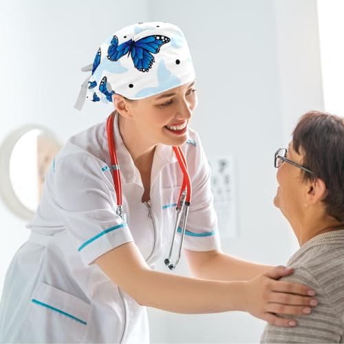 Image of Colored Butterflies Scrub Caps Women Ponytail, Adjustable Bouffant Surgical Caps with Button, Nurse Hats Long Hair