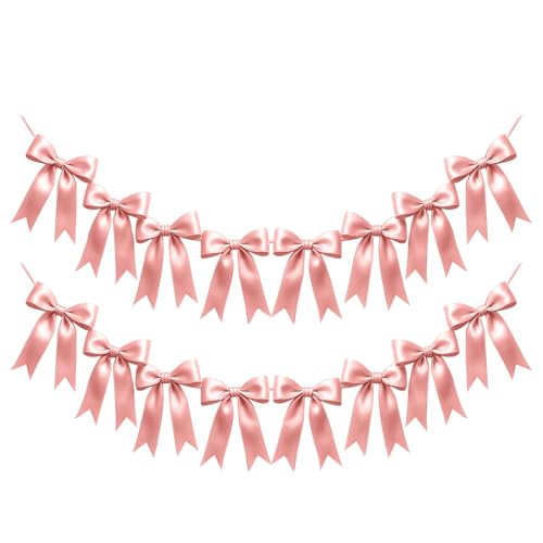 Image of 2 Strings of 16PCS Rose Gold Pink Bow Garlands Banner Decoration,Pre-Strung Satin Ornaments for Birthday,Bachelorette Party,Bridal Shower,Wedding,Engagement,Baby Shower,Graduation Decor,Anniversary