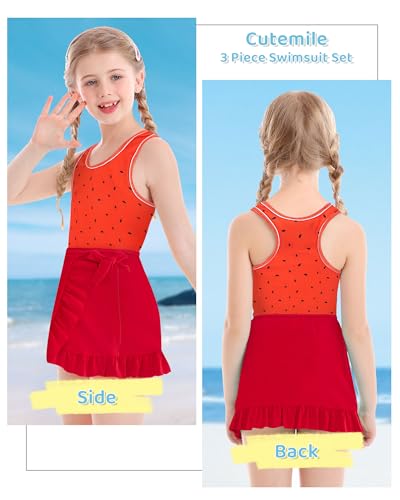 Image of Girls Swimsuit 3 Piece Bathing Suit Quick Dry Tankini Set with Cover Up Beach Skirt Tankini Swimwear 5-16 Years