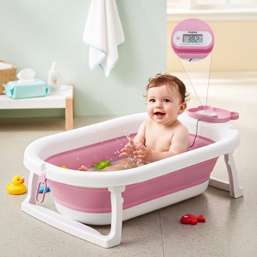 Image of Baybee Tubby Bath Tub for Baby 0-5 Years, Foldable Baby Bathtub for Kids with Anti Skid Base & Drainer, Space Saving Design, Newborn Baby Bathing Tub for Girls & Boys with Temperature Meter (Pink)