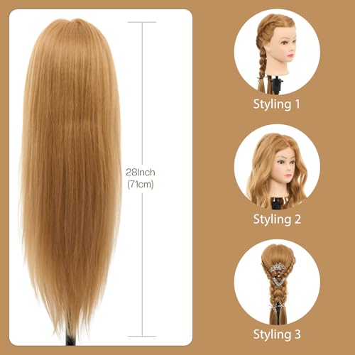 Mannequin Head with 80% Real Human Hair - 28 Inch Cosmetology Hairdressing Training Head Practice Doll Head Manikin Styling Head Braiding Mannequin Head