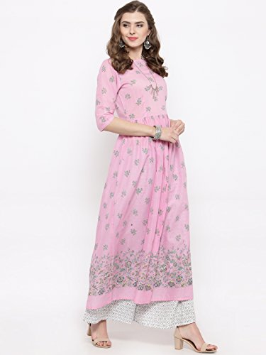 Image of Sera Women's Printed White Pure Cotton Anarkali Fusion Calf Length Kurta and Palazzos Set