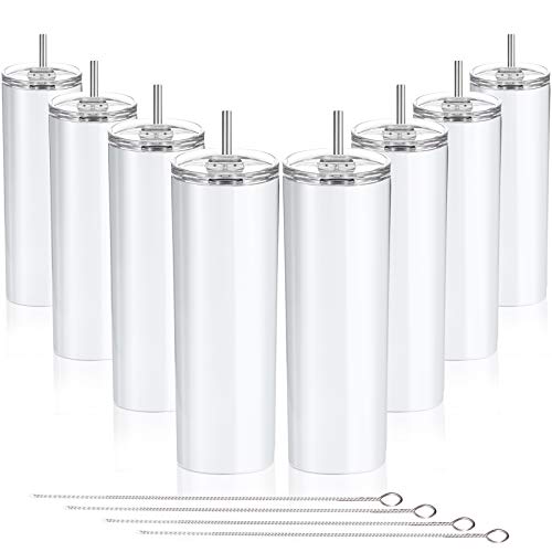 8 Packs Stainless Steel Skinny Tumbler 20 OZ Double-Insulated Water Tumbler Cup Unbreakable Travel Mug with Lids Straw and Cleaning Brush for Hot or Cold Drinks (White)
