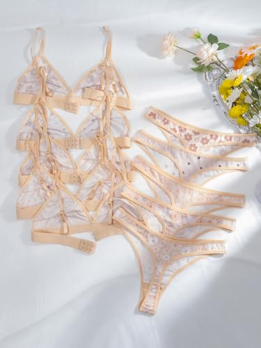 Image of BEAUDRM Women's 5 Sets Matching Bra and Panty Set Polka Dots Print Lingerie Set Triangle Bralettes and Low Rise Thong Set