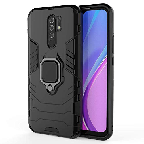 Compatible con Xiaomi Redmi 9, Funda, Anillo Metálico Sujeción Soporte Antichoque Rígido Caja (Funciona con el Montaje de Coche Magnético) Doble Capa Sólido Case Carcasa - Negro