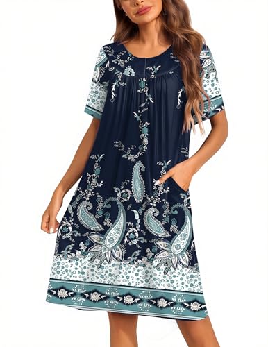 Ekouaer Moo Moos for Women Button House Dresses with Pockets Mumu Navy Blue, XL