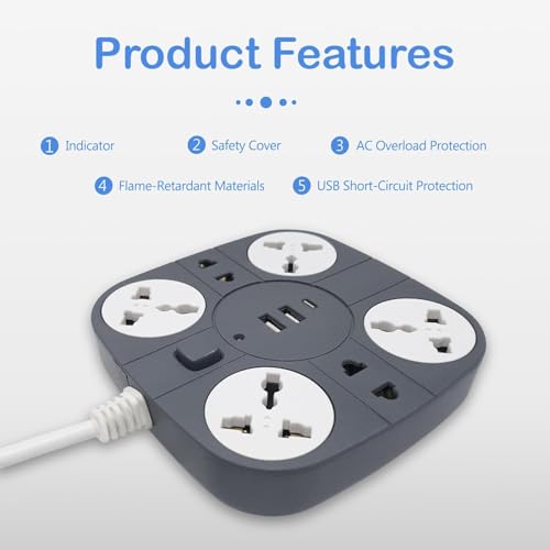 Image of ADDMAX Extension Board with USB | 6 Power Sockets, 2 USB Ports + 1 Type-C Port | 3 Meter Heavy Duty Cord | 10A 220V Multi Plug Extension Cord | Fireproof Power Strip for Home, Office & Laptop - Grey