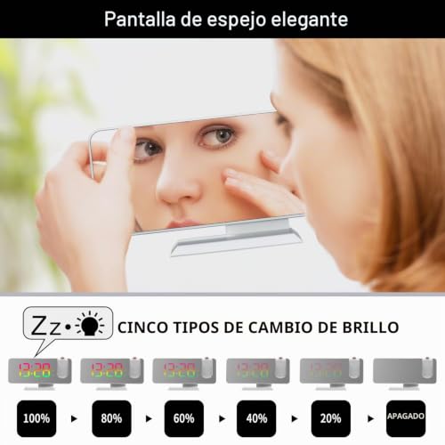 Miniatura 5 de Threeh Radio Reloj Despertador Con Proyección Digital Rgb Reloj Colorido Para Dormitorio Alarma Dual Puerto De Cargador Usb Posponer Pantalla De Espejo Grande Blanco