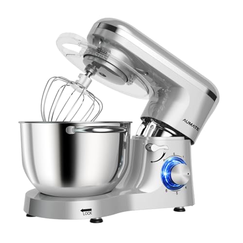 AUMATE Robot da cucina 1400 W, impastatrice da 6.2 l, impastatrice con gancio, gancio per impastare, frusta, 6 velocità, frullatore (Argento, 6.2 L)
