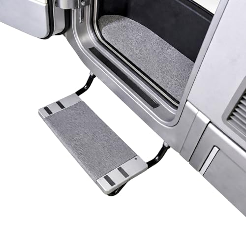 Wohnmobil Trittstufen Fußmatte, 46 x 46 cm, in Grau, Größen-verstellbar, Spannfeder Befestigung, für elektrische und manuelle Wohnwagen Stufen, Camping Teppich Fußabtreter, Camper Eingang Fuß Matte