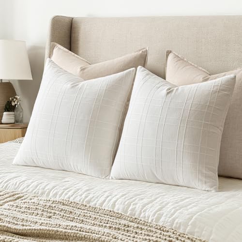 MIULEE Decorative Linen Check Euro Shams Throw Pillow Covers Neutral Farmhouse Vintage Pillow Covers 28x28 Set of 2 Boho Modern Home Decor for Sofa Couch Bedroom Cushion Cream White by MIULEE - Image 3