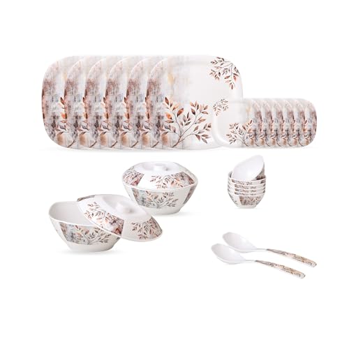 Image of Golden Fish 24 Pcs Dinner Set with Covered Donga for 6 | 6 Full Plates, 6 Quarter Plates, 6 Veg Bowls, 2 Donga with Lid & 2 Serving Spoons | Hygienic Serving Set for Home Dining & Hosting