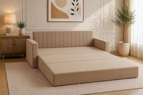 Image of Modern Velvet 3 Seater Sofa Cum Bed with Armrest, Convertible Sleeper Couch Sofa for Living Room, Bedroom & Office - Golden Color