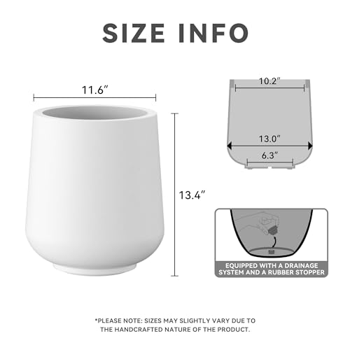 Image of Kante Accent Round Curved White Concrete Planter 13 inch Dia, Outdoor | Rubber Plug for Indoor, Drainage for Garden, All-Weather Cement Flower Pot, Handcrafted, Anti-Frost & UV, Modern Home Decor