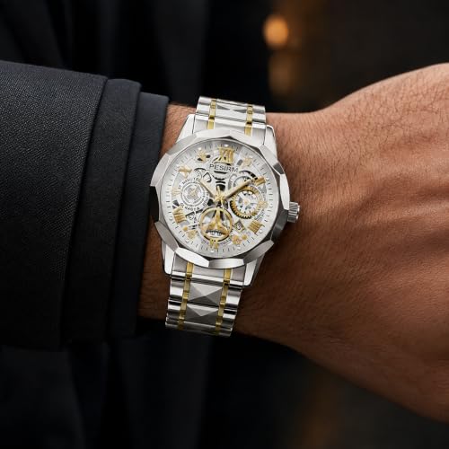 Image of Men's skeletonized quartz watch with black and gold two-tone stainless steel case, analog display, date display, water-resistant, luminous display, men's waterproof quartz watch. (Silver dial, silver strap)