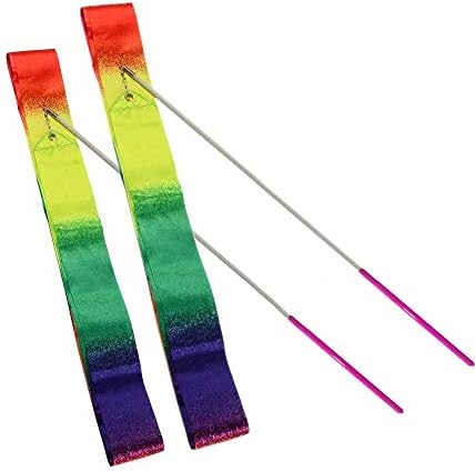 HOONAO 2 Pack 4 Meter Gym Dance Ribbon Rhythmic Art Gymnastic Streamer Twirling Rod Stick for Artistic Dancing Rainbow Color