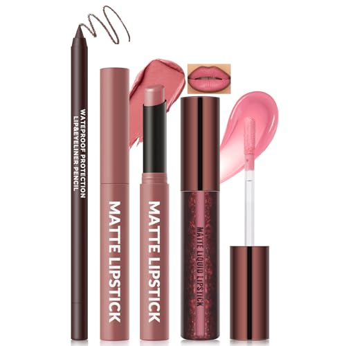 Noerrors 3PCS Matte Liquid Lipstick Lip Gloss & Liner Kit, All-In-One Lips Combo Trio Set, Velvety Tinted Dusty Rose Pink Lipstick Balm, Waterproof Bright Pink Lip Gloss For Plumping Effect Makeup #04