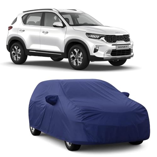 Image of Car Body Cover Compatible with Kia Sonet | Water, Dust & UV Protection | Mirror Pockets | Elastic Grip | Triple Stitch Sonet Car Cover (Blue)
