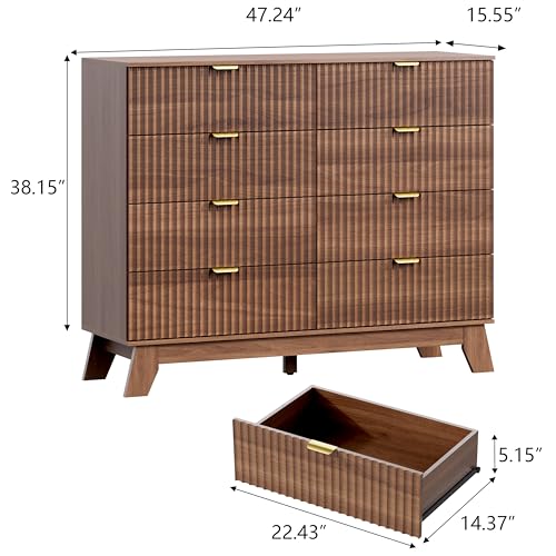 Image of Wodeer 8 Drawer Fluted Dresser for Bedroom, Mid Century Modern Wooden Dresser with 8 Drawers, Dressers & Chests of Drawers with Metal Handle, TV Stand & Storage Organizer for Entryway, Hallway, Walnut