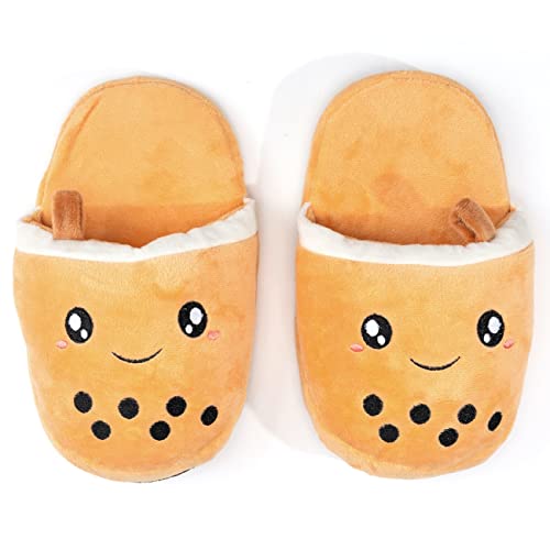 Boba Slippers | Cute Anime Kawaii Bubble Tea | Plush Soft Fuzzy Non-Slip Satin Slip-On House Shoes | Indoors One Size Adults Teens Boba Stuff Fun Birthday Gifts (Beige, Women Small Medium)