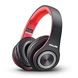 Bluetooth Headphones Over Ear, pollini Wireless Headset V5.0 with Deep Bass, Soft Memory-Protein Earmuffs and Built-in Mic for iPhone/Android Cell Phone/PC/TV (Black-Red)