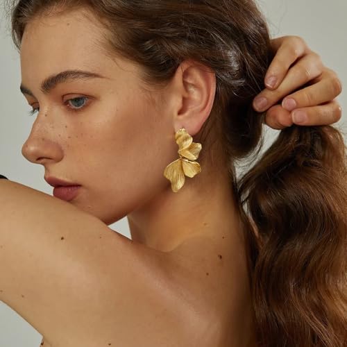 Gold Statement Earrings For Women 18K Gold Plated Sectored Flower Leaf Shell Angel Wing Earrings Large Stud Earrings Hypoallergenic Stud (Flower Leaf Earrings) by DDPDDP - Image 5