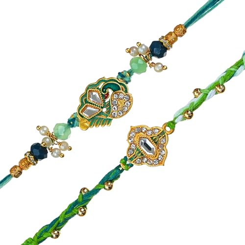 Image of eCraftIndia Peacock Floral Designer Rakhi Set of 2 | Rakhi for Brother Bhaiya Bhai with Best Bro Ever Fridge Magnet | Roli Chawal Pack