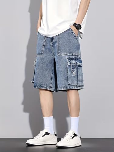 Image of GRECIILOOKS Denim Cargo Shorts for Men Stylish | Washed Jeans Half Pant for Men | Knee Length Cargo Shorts for Mens | Regular Fit Mens Pant Casual, Utility Streetwear Jorts, Travel Summer Wear