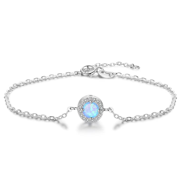 Solid 14K White Gold Over 925 Silver Opal Bracelet for Women,Dainty Opal and Moissanite Halo Chain Bracelet,Fashion Jewelry Gift for Her - Main Image
