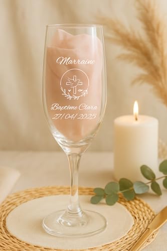 Générique Flûte à champagne personnalisée Baptême – Modèle Colombe & Croix – Gravure prénom & date – Cadeau Parrain Marraine – Verre gravé...