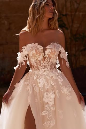 Off Shoulder Wedding Dresses for Bride Applique Bridal Gown Tulle Bridal Dress with Slit3