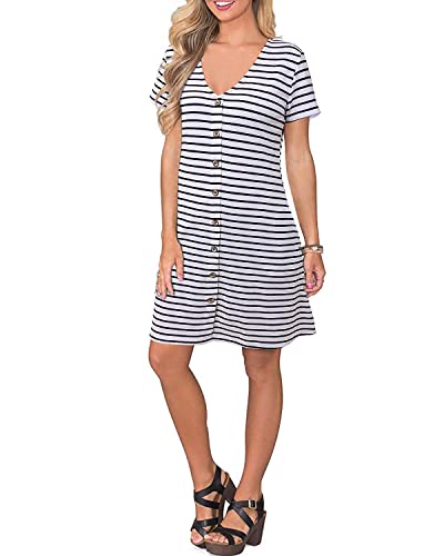 Solersun Women's Casual Striped T-Shirt Dresses Short Sleeve Loose Swing Tunic Dress With Pockets (Xxl, White) #TOP1