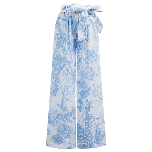 CHICWISH Women Wide Leg Pants Floral Printed High Elastic Waist Belted Summer Casual Long Trousers with Pockets