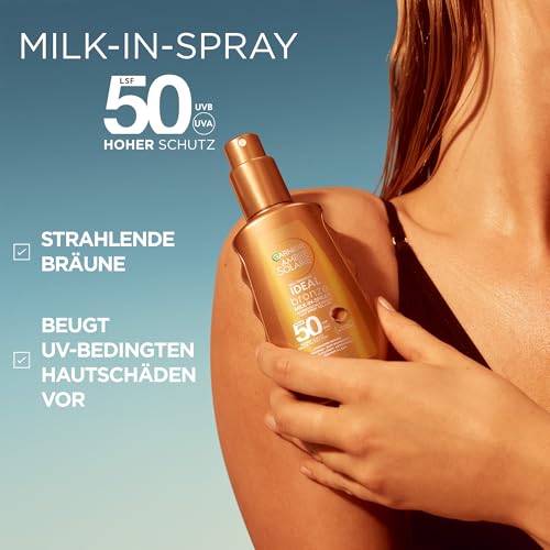 Garnier UV-Sonnenschutzspray für eine strahlende Bräune, Sehr hoher Sonnenschutz mit LSF 50, Wasserfest, Ambre Solaire Ideal Bronze Milk-in-Spray, 1 x 150 ml 2