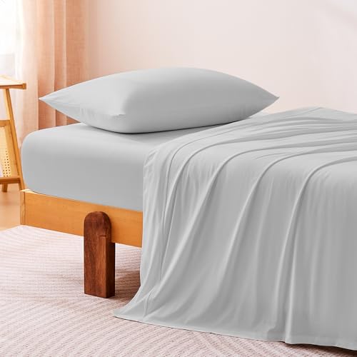 Image of Amazon Basics Cooling Sheets, 3-Piece Bed Sheet Set for Summer, Soft and Breathable for Hot Sleepers, Bedding with 1 Deep Pocket Fitted Sheet, 1 Flat Sheet, and 1 Pillowcase, Twin, Gray