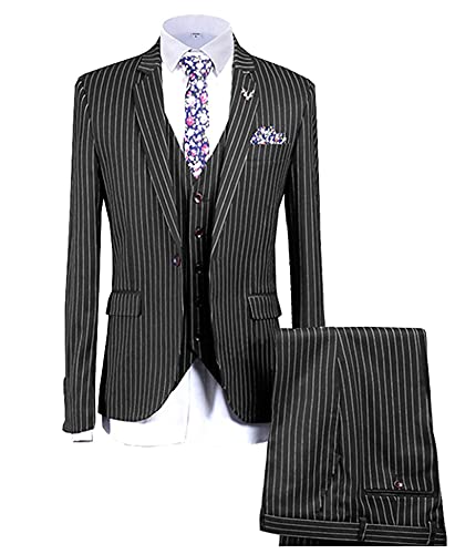 Men's Pinstripe Suit 3 Pieces Slim Fit Formal Business Suits Tuxedos Notched Lapel Jacket Blazer Vest Pants Set