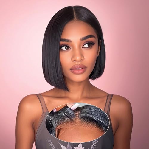 Perruque Cheveux Humain Sans Colle 4x4 Bob Straight Perruque Femme Naturelle Sans Colle Cheveux 8 Pouces Wear and Go Glueless Wig Straight Bob Lace Wig Human...