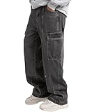 RELAXED FIT: Wide-leg cargo jeans designed with a loose, comfortable cut perfect for casual everyday wear CARGO POCKETS: Features practical side cargo pockets for convenient storage and authentic utility style DENIM MATERIAL: Made from durable dark g...