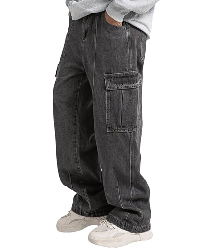 Mens Baggy Jeans for Men Women Y2k Skater Vintage Plain Pants Multiple Pockets Casual Wide Leg Loose Fit Cargo Denim Jeans (US, Alpha, X-Large, Regular, Regular, Light Grey)