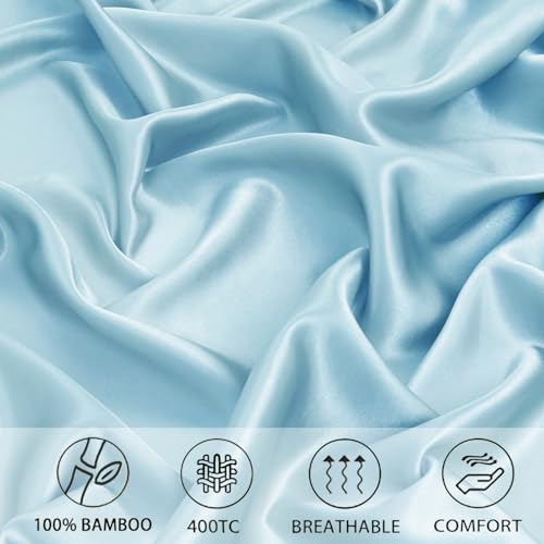 Image of RD TREND Satin Solid Fitted Bedsheets Queen Size 78x60x10 Inch, Elastic Bedsheets for Queen Size Bed with 2 Pillow Covers-18x28 Inch (Aqua), 400 TC