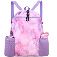 RHCPFOVR Galaxy Swim Bag for Girls - Drawstring Backpack for Kids Swim Bag for Beach Swimming Pool Lightweight Draw String Bags Waterproof Sports Gym With Two Water Bottle Holder