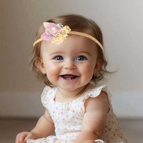 Baby Girl Floral Headbands Elastic Nylon Flower Crown Hairbands Fabric Leaves Head Wrap for Newborn Toddler Infant Hair Accessories (Purple 1, Standard Small)3