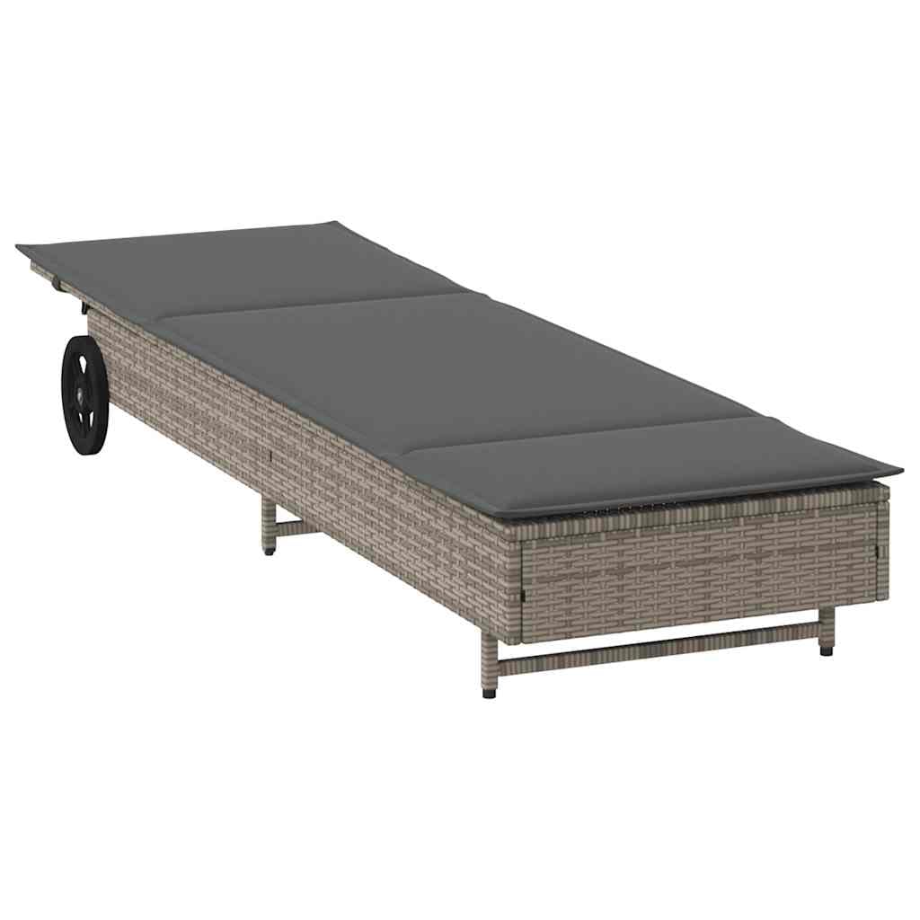 Lettino prendisole con ruote e cuscino, grigio polyrattan, 1 pezzo, schienale regolabile, in rattan PE di facile manutenzione, per giardino, balcone o terrazza, con imbottitura