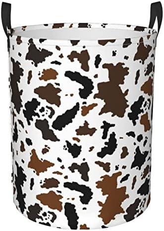 Circular Dirty Clothes Hamper Organizer Pack Black And Brown Cow Print Large Laundry Basket Storage Bag With Handles Collapsible Washing Bin For Home College Dorm Medium