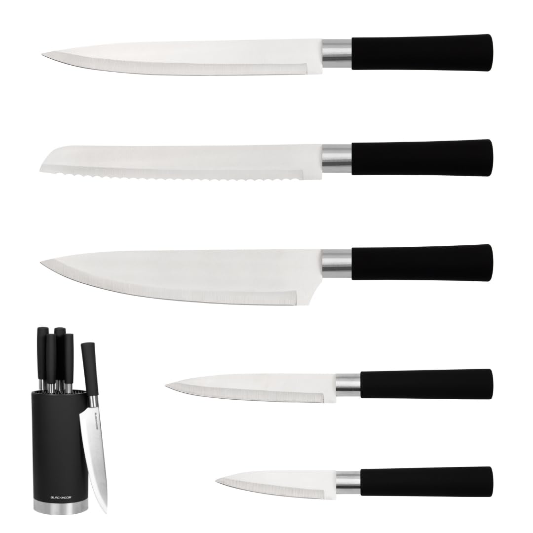 Orb 5 Piece Knife Set with Storage Stand/Stainless Steel Knives with Soft Grip Handles & Brushed Steel or Wood Detail/Easy Clean Essential Kitchen Accessory (Black & Brushed Steel)