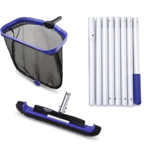 Hisike Professional Swimming Pool Cleaning Kit, Heavy Duty Deep Leaf Skimmer Net, Detachable Pool Brush Head, Fast Debris Pool Cleaning Equipment Set for All Pools and Pond,Blue
