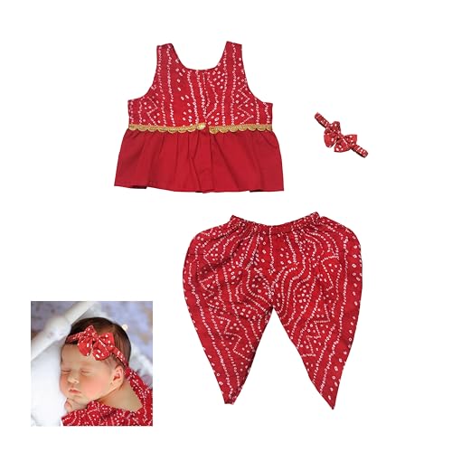 Image of The Root And Craft Kids Birthday Photoshoot Outfit Dress Girls Bandhani printed Top With Dhoti pant & Hairband Born Baby Photography Photoshoot Props(0to 18 Month)