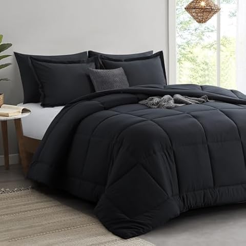 RUIKASI Black King Comforter Sets - 3 Piece Plain Comforter Sets King Size Bed Fluffy, Lightweight Comforter Sets All Season Use, 102x90 Inch with Shams Cover