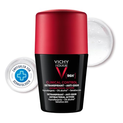 Vichy Homme Clinical Control 96h Männer, Deo-Roll-on für Männer, Schweiß- und geruchshemmend, Antibakteriell, Alkoholfrei, Für empfindliche Haut, 50 ml